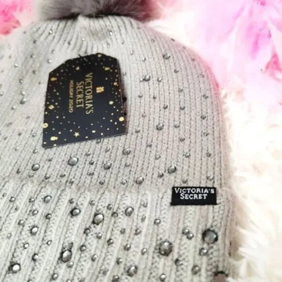 VICTORIA\'S‎ SECRET Faux Fur Pom-Pom Hat Rhinestone Embellished Beanie main image 6
